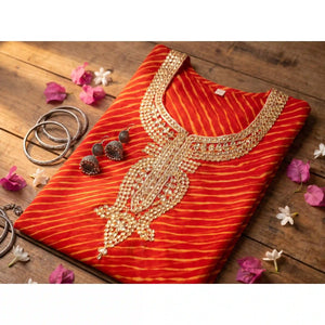 Orange Georgette Viscose Leheriya Kundan-Gota Kurti Fabric