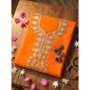 Yellow Georgette Viscose Leheriya Kundan-Gota Kurti Fabric