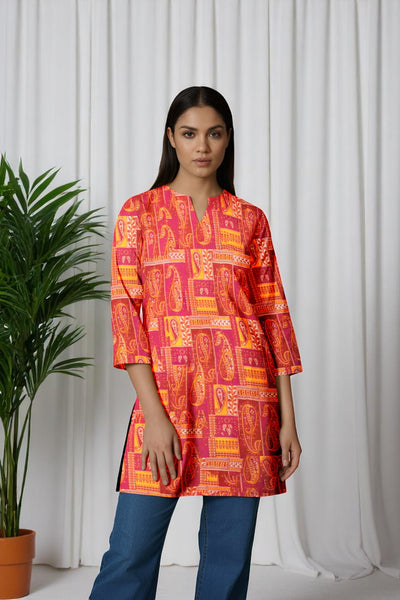 Pink Kalamkari Screen Print Short Kurti