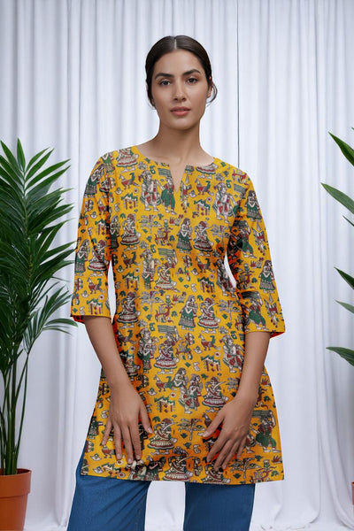 Yellow Kalamkari Screen Print Short Kurti