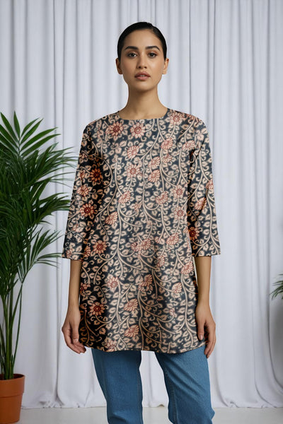 Steel Blue Kalamkari Screen Print Short Kurti