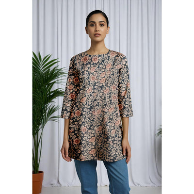 Steel Blue Kalamkari Screen Print Short Kurti