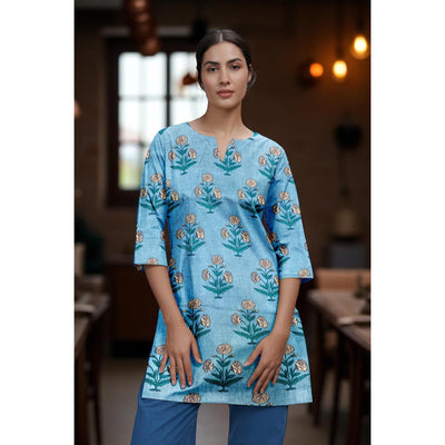 Blue Sanganeri Print Short Kurti
