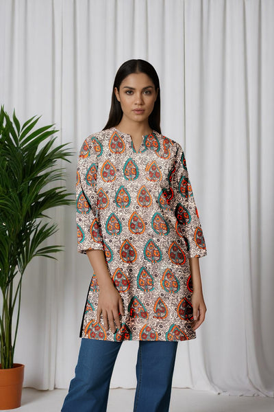 Cream Kalamkari Screen Print Short Kurti