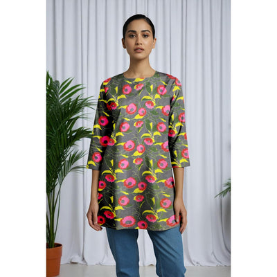 Grey Kalamkari Screen Print Short Kurti