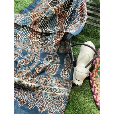 Handcrafted Ajrakh Mashru Silk Stole with natural dye geometric prints