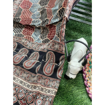 Handcrafted Ajrakh Mashru Silk Stole with natural dye geometric prints