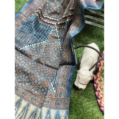 Handcrafted Ajrakh Mashru Silk Stole with natural dye geometric prints