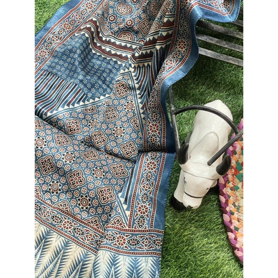 Handcrafted Ajrakh Mashru Silk Stole with natural dye geometric prints