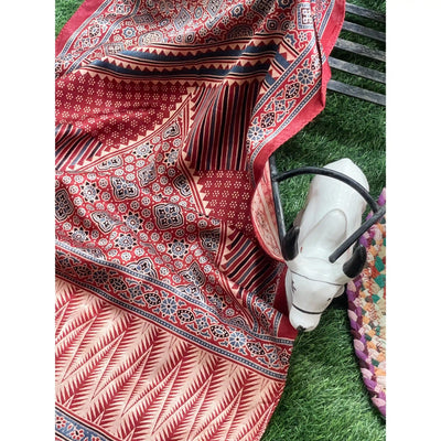 Handcrafted Ajrakh Mashru Silk Stole with natural dye geometric prints