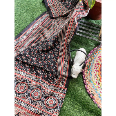 Handcrafted Ajrakh Mashru Silk Stole with natural dye geometric prints