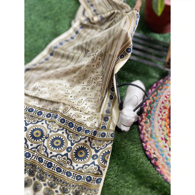 Handcrafted Ajrakh Mashru Silk Stole with natural dye geometric prints