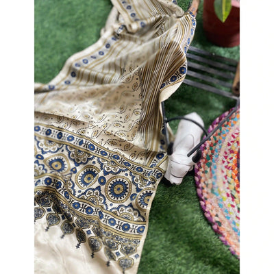 Handcrafted Ajrakh Mashru Silk Stole with natural dye geometric prints