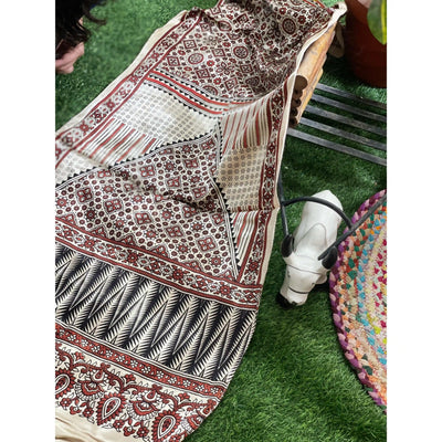 Handcrafted Ajrakh Mashru Silk Stole with natural dye geometric prints