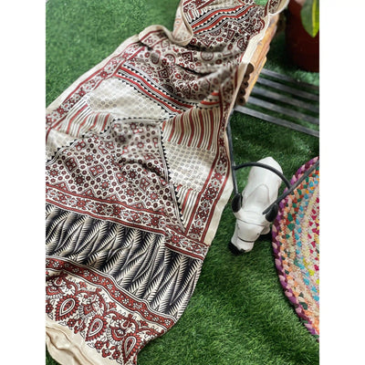 Handcrafted Ajrakh Mashru Silk Stole with natural dye geometric prints