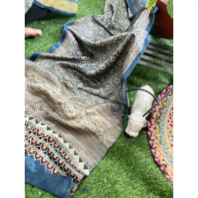 Handcrafted Ajrakh Mashru Silk Stole with natural dye geometric prints