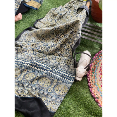 Handcrafted Ajrakh Mashru Silk Stole with natural dye geometric prints