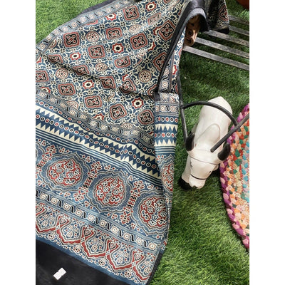 Handcrafted Ajrakh Mashru Silk Stole with natural dye geometric prints