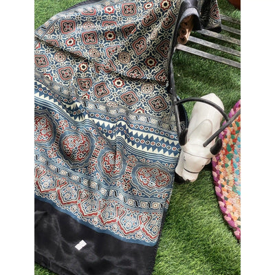 Handcrafted Ajrakh Mashru Silk Stole with natural dye geometric prints