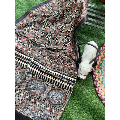 Handcrafted Ajrakh Mashru Silk Stole with natural dye geometric prints