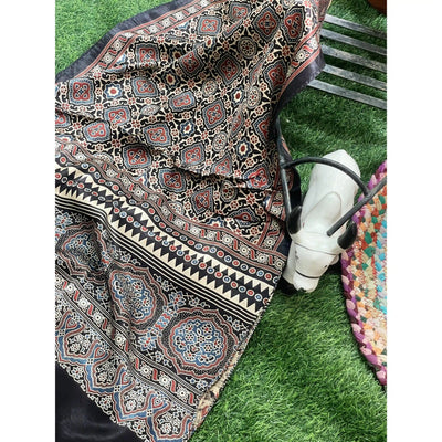 Handcrafted Ajrakh Mashru Silk Stole with natural dye geometric prints