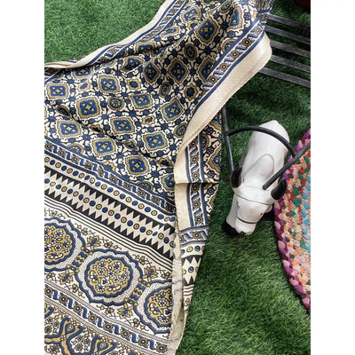 Handcrafted Ajrakh Mashru Silk Stole with natural dye geometric prints