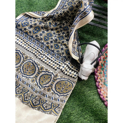 Handcrafted Ajrakh Mashru Silk Stole with natural dye geometric prints
