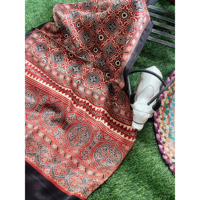 Handcrafted Ajrakh Mashru Silk Stole with natural dye geometric prints