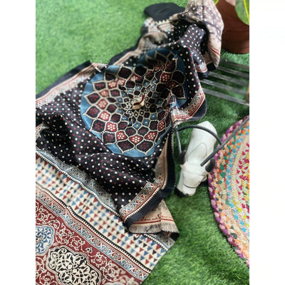 Handcrafted Ajrakh Mashru Silk Stole with natural dye geometric prints