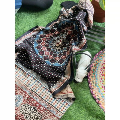 Handcrafted Ajrakh Mashru Silk Stole with natural dye geometric prints