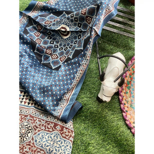 Handcrafted Ajrakh Mashru Silk Stole with natural dye geometric prints