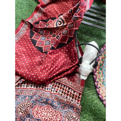 Handcrafted Ajrakh Mashru Silk Stole with natural dye geometric prints