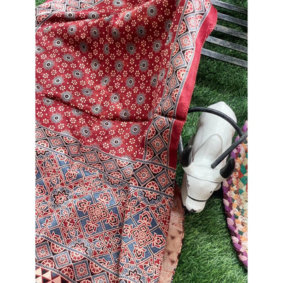 Handcrafted Ajrakh Mashru Silk Stole with natural dye geometric prints