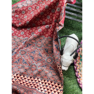 Handcrafted Ajrakh Mashru Silk Stole with natural dye geometric prints