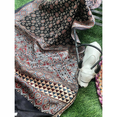 Handcrafted Ajrakh Mashru Silk Stole with natural dye geometric prints