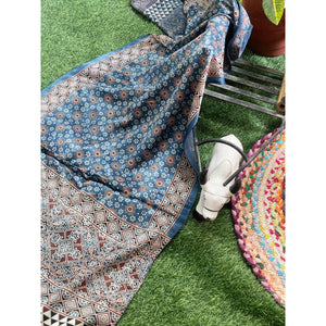 Handcrafted Ajrakh Mashru Silk Stole with natural dye geometric prints