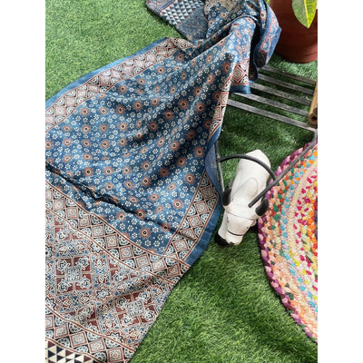 Handcrafted Ajrakh Mashru Silk Stole with natural dye geometric prints