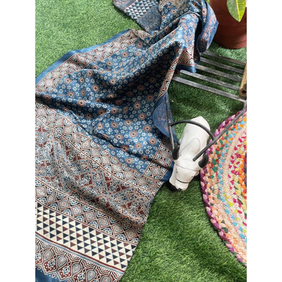 Handcrafted Ajrakh Mashru Silk Stole with natural dye geometric prints