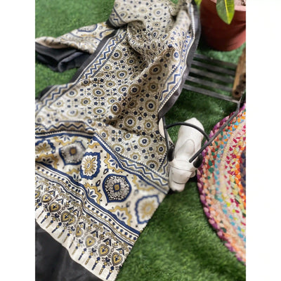 Handcrafted Ajrakh Mashru Silk Stole with natural dye geometric prints