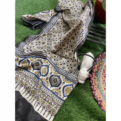 Handcrafted Ajrakh Mashru Silk Stole with natural dye geometric prints