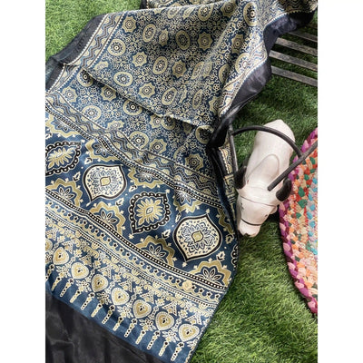 Handcrafted Ajrakh Mashru Silk Stole with natural dye geometric prints