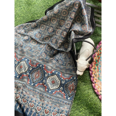 Handcrafted Ajrakh Mashru Silk Stole with natural dye geometric prints