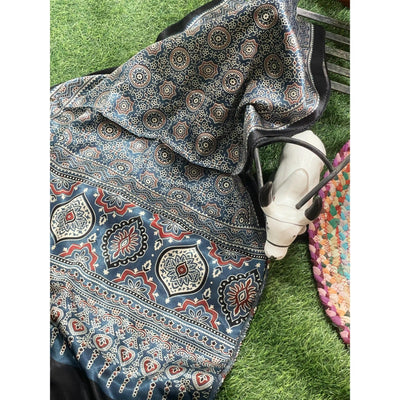 Handcrafted Ajrakh Mashru Silk Stole with natural dye geometric prints