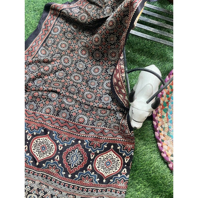 Handcrafted Ajrakh Mashru Silk Stole with natural dye geometric prints