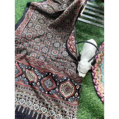 Handcrafted Ajrakh Mashru Silk Stole with natural dye geometric prints