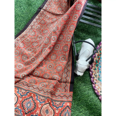 Handcrafted Ajrakh Mashru Silk Stole with natural dye geometric prints
