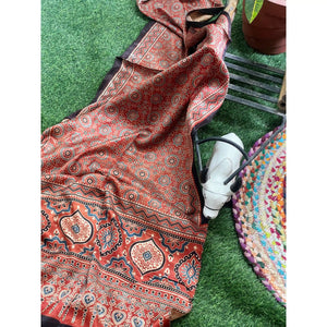 Handcrafted Ajrakh Mashru Silk Stole with natural dye geometric prints