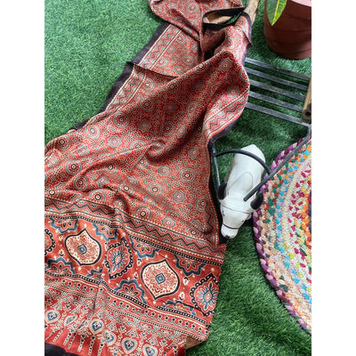 Handcrafted Ajrakh Mashru Silk Stole with natural dye geometric prints