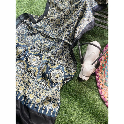Handcrafted Ajrakh Mashru Silk Stole with natural dye geometric prints