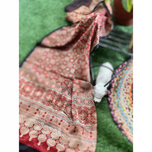 Handcrafted Ajrakh Mashru Silk Stole with natural dye geometric prints